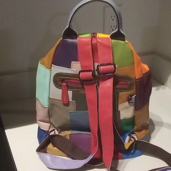 Boho Multicolor Patchwork Leather Backpack | Colorful Festival Cottagecore Y2K - Picture 6 of 16
